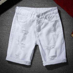 Men White Denim Shorts New Summer Men Holes Casual Shorts Jeans Men Cotton Solid Slim Fit Shorts Pants Knee Length Pants G1209