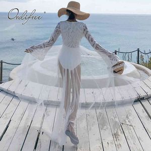Summer Women Maxi Tulle Rękaw White Seksowna Długa Tunika Plażowa Dress 210415