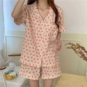 Koreansk bomull Snygg Sweetwear Minimalistisk Blommig Kort Soft Summer Femme Chic Bekväm Pyjamas Sets 210525