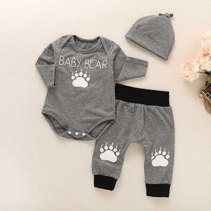 Newborn bebê romper sets 3 pcs chapéu cinzento menino bebê playsuit manga comprida infan roupas bebe bodysuit escalada conjuntos de algodão roupas g1023