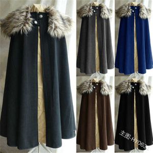 Men's Medieval Costume Cloak Winter Fur Collar Larp Viking Cosplay Cape coat High Quality Gothic Women Cape Halloween Costume Y0903