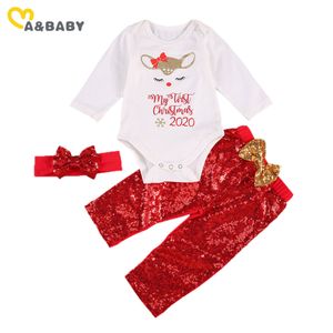 0-24m Jul Baby Tjej Kläder Set Brev Hjort Romper Röda Sequins Bow Byxor Outfits Xmas Kostymer 210515