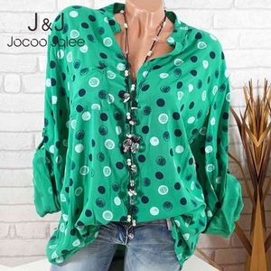 JOCOO JOLEE Kadınlar Rahat Uzun Kollu Polka Dot Şifon Bluz Yaz V Boyun Gevşek Gömlek Ofis Lady Beyaz Bluz Boy 5XL 210518 Boyu