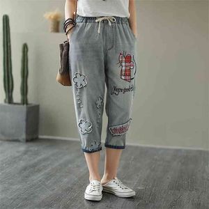 Jeans strappati con ricamo vintage allentato stile arti estive per donna Pantaloni Harem in denim di cotone al polpaccio casual S836 210512