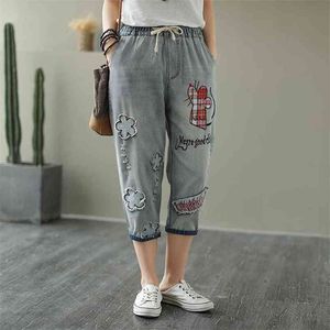 Sommer Kunst Stil Lose Vintage Stickerei Zerrissene Jeans Für Frauen Casual Wadenlange Baumwolle Denim Harem Hosen S836 210512