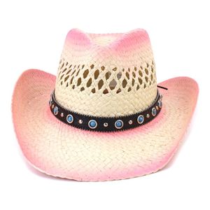 Boinas 100% feitas à mão tecem palha feminina chapéu de cowboy ocidental com borla Ribbion Lady Beach Sun Sombrero Cap Mesh Cowgirl Tamanho 58cm