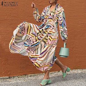 ファッションレディースロングマキシドリザンZEAエレガントプリントvestido女性パフスリーブローブフェムメシックVネックDSTRING KAFTAN OVERSS X0529
