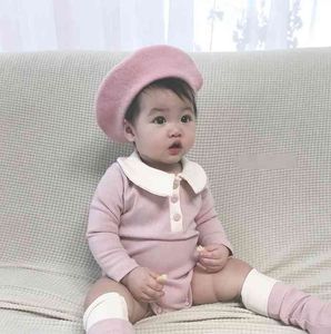 Cute Infant Girls Contrast Color Turn-Down Collar Długi Rękaw Kombinezon z kolanami Highs Little Princess Stroje 210508