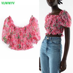 VUWWYV Top Donna Rosa Stampa floreale Chiffon Crop Top Camicette da donna Estate Manica corta con volant Camicetta Elastica femminile 210430