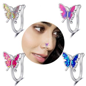 Anello al naso a forma di U a forma di farfalla rosa per polsini con piercing a elica del trago non penetranti