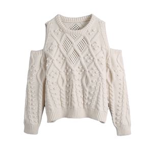 Sweet Women O Neck Strapless Knitwear Spring-autumn Fashion Ladies Knitted Cute Vintage Female Hollow Sweater Top 210515