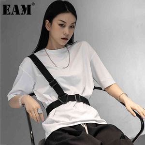 [Eam] Kvinnor Vit Stor Storlek Suspenders Loose Casual T-shirt Runda Hals Half Sleeve Mode Vår Sommar 1DD7721 21512