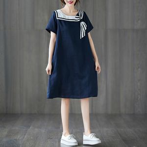 Johnature Tiki Tarzı A-line Elbiseler Bahar Sailor Yaka O-Boyun Gevşek Patchwork Kadın Donanma Elbiseler 210521