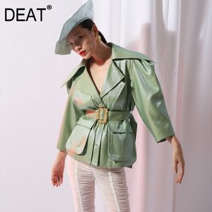 SOMMER Vintage PU-Leder Umlegekragen bedeckte Knöpfe Jacke hohe Taille Gürtel weiblich 210421