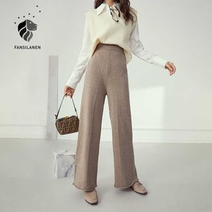 Fansilanen Geniş Bacak Rahat Örme Pantolon Kadın Elastik Yün Gevşek Sonbahar Kış Pantolon Kadın Pileli Vintage 210607