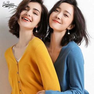 V-neck Women Sweater Loose Long Sleeve Sweater Knit Slim Cardigan Autumn Winter Single-Breasted Solid Office Lady 10329 210527