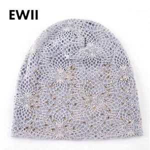 Thin beanies for women lace flower summer knitted beanie cap skullies ladies breathable slouchy caps fashion spring hat casquett Y21111
