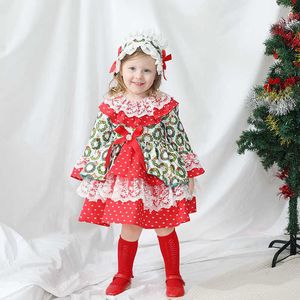 2 adet Çocuk Çiçek Dantel Uzun Kollu İspanya Prenses Elbiseler Bebek Kız Noel Yılı Giydir Balo + Şapkalar 210615