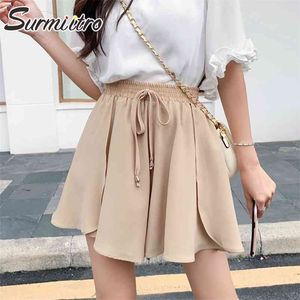 Vår sommar kvinnor koreansk stil khaki svart chiffong ruffules hög midja solskola mini shorts kjol kvinna 210421