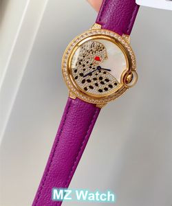 Классический бренд фиолетовый настоящий кожаный кварцевый час пантера женщины леди эмаль леопардовые наручные часы алмазные наручные часы