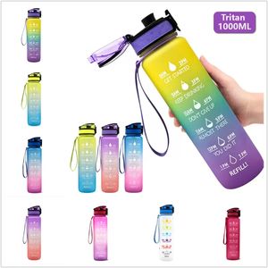 1000ml Sports Water Bottle Gradient Color Frosted Leakproof Plastic Outdoor Gym Sports Bottles with Portable Rope BPA Free