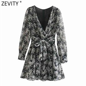 Mulheres Vintage Vintage Pescoço Preto Puff Manga Floral Impressão Sashes Mini Vestido Femme Linha Dourada Vestido Camisa DS4829 210416