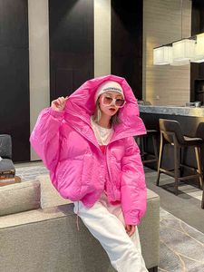 Street Jacket Short Candy Color All-match Bread Coat Women Shiny Warm Big Hooded Cotton Padded Parkas Fashion Winter Jacket Lady 211130