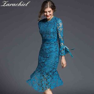 Brand Women Blue Water Soluble Lace Spring Ladies Long Flare Sleeve Hollow Out Asymmetric Slim Mermaid Bodycon Dress 210416