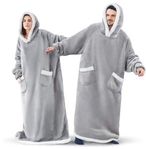 Super longa cobertor de flanela com mangas Sleepwear Hoodies de inverno com capuz moletom mulheres homens pulôver lã gigante tv cobertores de grandes dimensões