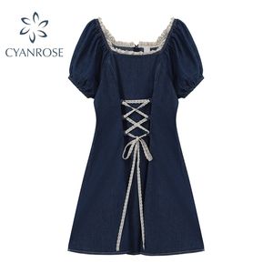 Azul Colheita Denim Vestido Mulheres Manga Curta Cintura Cintura Cordão Lace-up Mori Menina Jean Frocks Ruffle Retro Verão Y2K Vestidos 210515