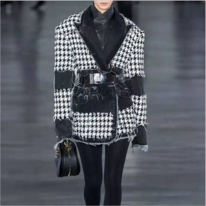HIGH QUALITY Fashion Designer Blazer Women's Denim Patchwork Fringed Houndstooth Tweed Jacket 210521