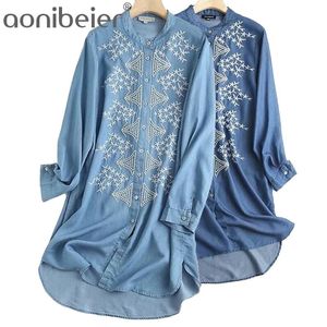 Bordado Denim Camisa Vestido Azul Solto Primavera Manga Longa Verão Offiec Senhora Vestidos Algodão 210604