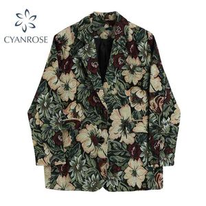 Fashion Floral Print Vintage Blazer Women Autumn Winter Korean Loose Casual Coat Long Sleeves Pocket Outwear Female Jacket 210417