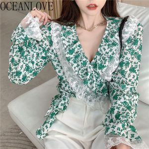 Koronki Patchwork Koszule V Neck Ruffles Flare Sleeve Sexy Vintage Kobiety Bluzki Szyfonowe Szorty Koreański Blusas Moda 210415