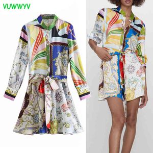 VUWWYV Elbise Moda Baskı Mini Kadın Yaz Rahat Kısa Parti Kadın Uzun Kollu Ön Düğmeler Kemer Vestido 210430