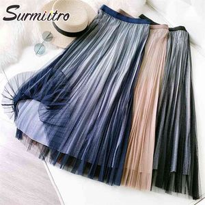 Spring Summer Korean Style 3 Layers Women Shiny Gradient Mesh High Waist Midi Long Tulle Pleated Skirt Female 210421