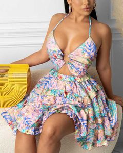 Moda Kobiety Sexy Backless Halter Floral Print Mini Dress O-ring Cut-out Backless Frill Hem Lato Krótkie sukienki 210716