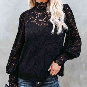 Kvinnor Black Lace Blouse Vest Två Piece Set Spring Casual Turtleneck Långärmad Sexig Hollow Out Lace Blouse Tops Sets 210416