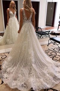 2022 Glitter Sequins Lace A Line Bröllopsklänningar Bröllopklänningar Glänsande Tulle Beach Bride Dress Boho Elegant Bröllopsklänning Deep V-Neck Open Back Long Train Vestidos de Novia