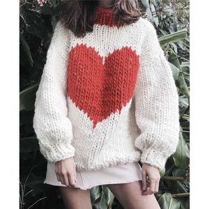 Sueters De Mujer Autumn Fashion Retro Loose Pullovers O Neck Puff Long Sleeve Love Heart Sweater Women Korean Fashion Pull 210610