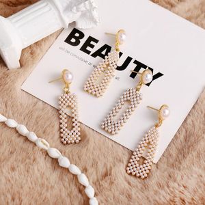 Korean Simulation Pearl Statement Earrings For Women Geometric Triangle Square Long Dangle Earring Fashion Jewelry 2021 & Chandelier