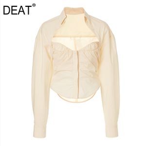 Женщины Creamy Yellow Ruched Brush Blouse Blouse отворот с длинным рукавом Свободная подходящая рубашка мода прилив весна осень GX313 210421