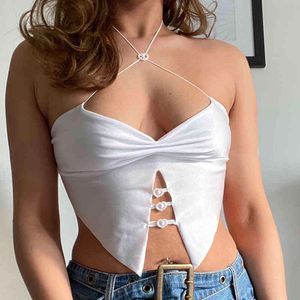 Top corto Y2k con canotta e top corti per ragazze con cinturino sottile Abiti estivi per donna Camicia senza maniche T-shirt bianca Canotta femminile 210415