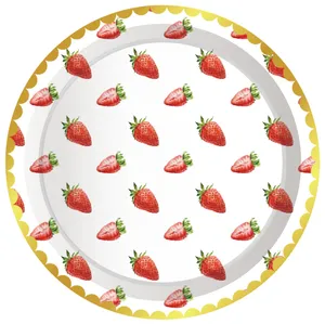 Disposable Dinnerware 8pcs 9inch Fresh Strawberry Theme Happy Birthday Party Decoration Fruit Plates Tableware Sets For Baby Shower