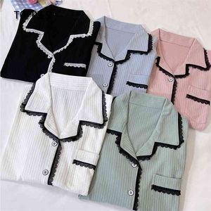 Spring Lace Spliced ​​Cotton Pyjamas Set för kvinnor Sleepwear Långärmade T-shirts och byxor Elastisk Midja Loungewear 210421