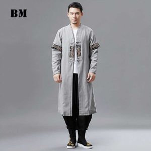 Homens Outono Trench Casaco de Algodão Linho Linho de Manga Longa Jaqueta Chinesa Frog Botões Outfit Overcoat com bolsos 211011