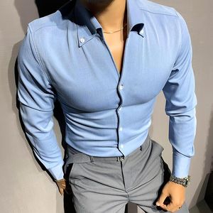 Camisas casuais casuais coreano homens manga comprida homens cor sólida v-pescoço camisa fino negócio formal vestido vestuário festa social streetwear