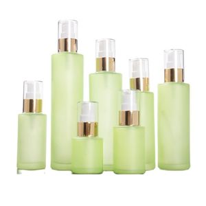 Grön frostat glasfyllningsbar flaska Spray Lotion Pump Perfume Kosmetiska Förpackningsflaskor 20ml 30ml 40ml 60ml 80ml 100ml 120ml