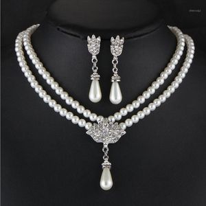 Brincos Colar Vintage Faux Pearl Crystal Jewelry Set para Mulheres Imitação Pingente Noiva Noivado De Casamento