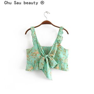 Chu Sau Güzellik Moda Boho Çiçek Baskı Kırpma Tatil Yay Tops Kolsuz Bayanlar Kısa Üst Kadın Backless Seksi Bluzlar 210508